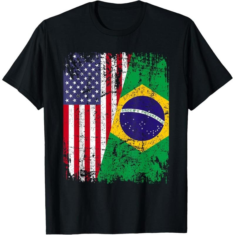 BRAZILIAN ROOTS | Half American Flag | BRAZIL T-Shirt made in usa