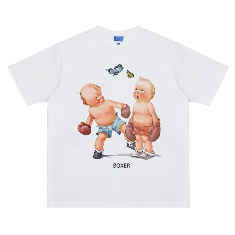 Baby Series "Boxer" Heavyweight Vintage Tee 100% Cotton OVERSIZED Anime T-shirt Menswear Top Crew Necks Tshirt Casual Streetwear White Crewneck Tropical Biker
