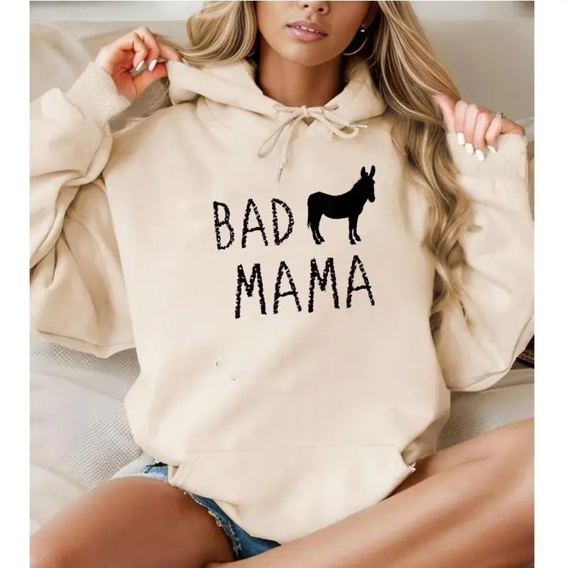 Bad Mama Mothers Day Mum, Funny Hoodie Casual Street Style Fleece Fabric Pullover Hooded Sweatshirt for Women for Men, Perfect Gift