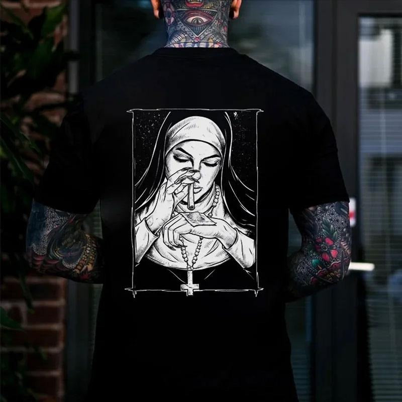 Bad Religious Nun Graphic Casual Back Side Print T-shirt - Sweatshirt - Hoodie, Naughty Clothes Men Cotton, Funny Shirt, Streetwear Menswear