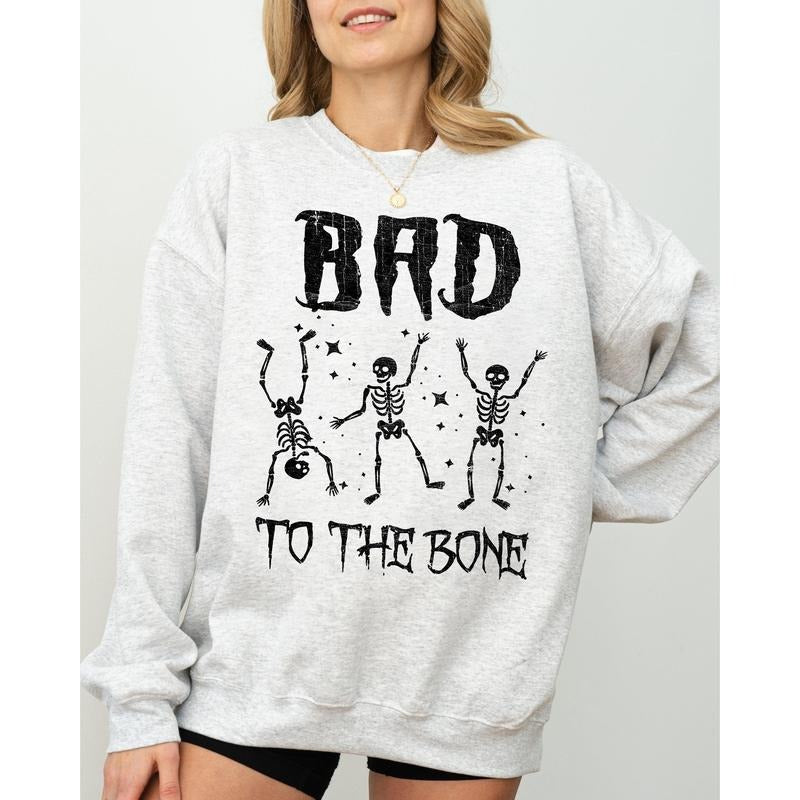 Bad To The Bone, Funny Skeleton, Retro, Aesthetic, Vintage Sweatshirt, Women's Crew Neck, Crewneck