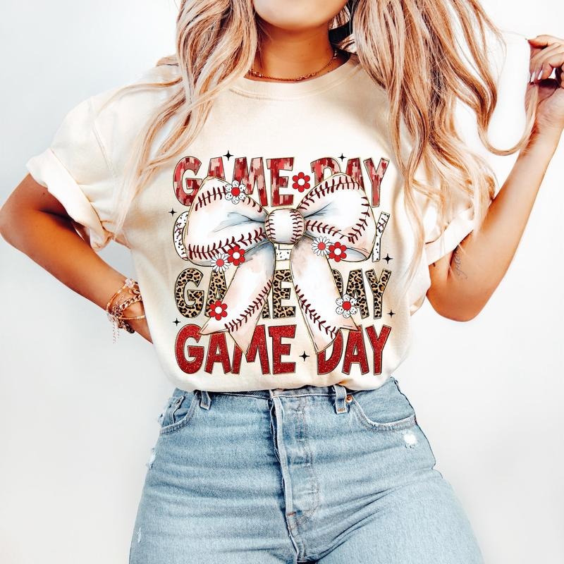 Baseball Coquette T-Shirt, Game Day Baseball T-Shirt, Retro Baseball Bow T-Shirt, Baseball Mom T-Shirt, Baseball Mama Shirt Tis the Season