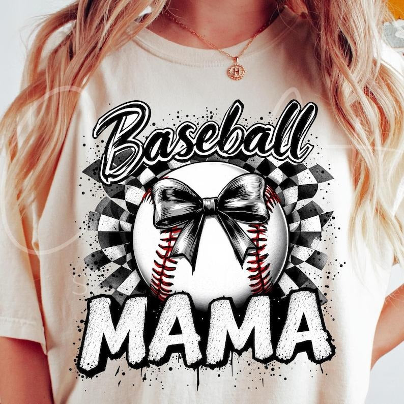 Baseball Mama Tshirt, Baseball Mom Checkered Tee, Retro Baseball with Coquette Bow T-Shirt