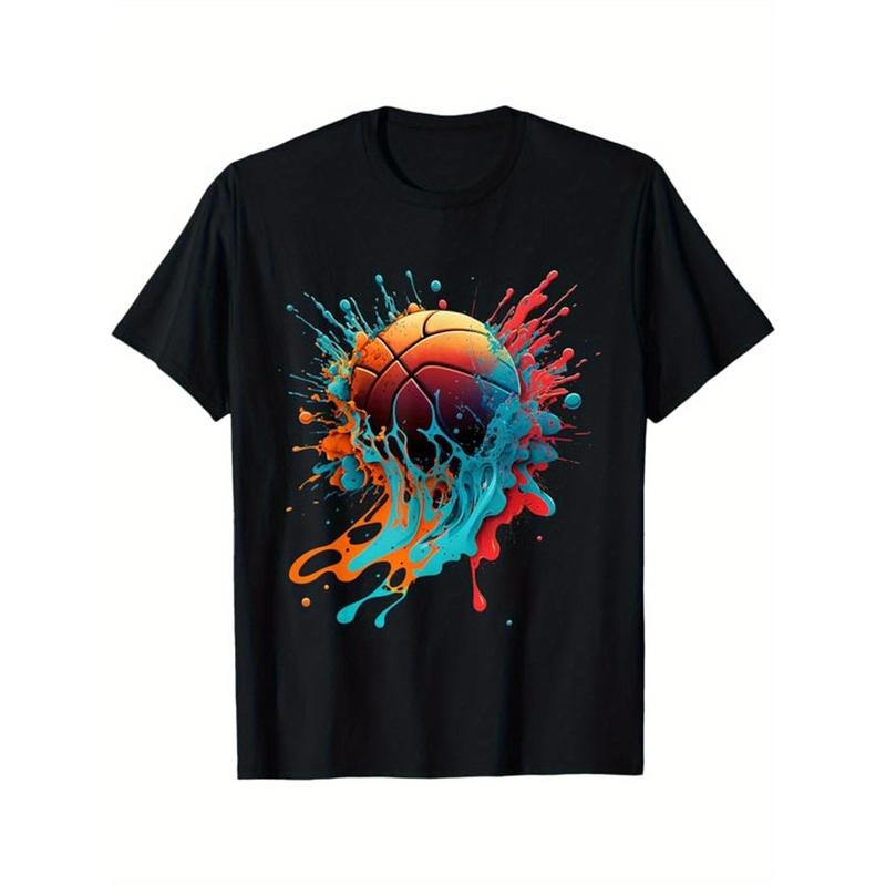 Basketball Printed, Men's Cotton T-shirt, Casual Short Sleeve Round Neck Tee, Soft Comfortable Basketball Players Top, Sports Lover T-Shirt made in usastyle{n002}8