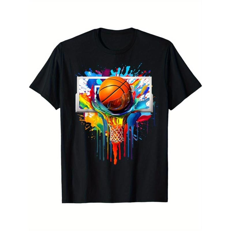 Basketball Printed, Men's Cotton T-shirt, Casual Short Sleeve Round Neck Tee, Soft Comfortable Basketball Players Top, Sports Lover T-Shirt made in usastyle{n002}9