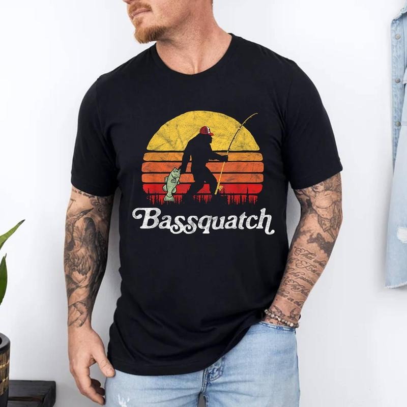 Bassquatch! Funny Bigfoot Fishing Retro T-Shirt | Unisex Cotton Tee, Top Menswear