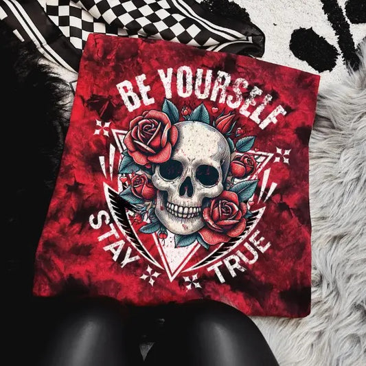 'Be Yourself, Stay True' Red & Black Tie Dye Crewneck Sweatshirt, T Shirt, or Hoodie Pullover | Punk Rocker, Alt, Grunge, Goth, Streetwear Style