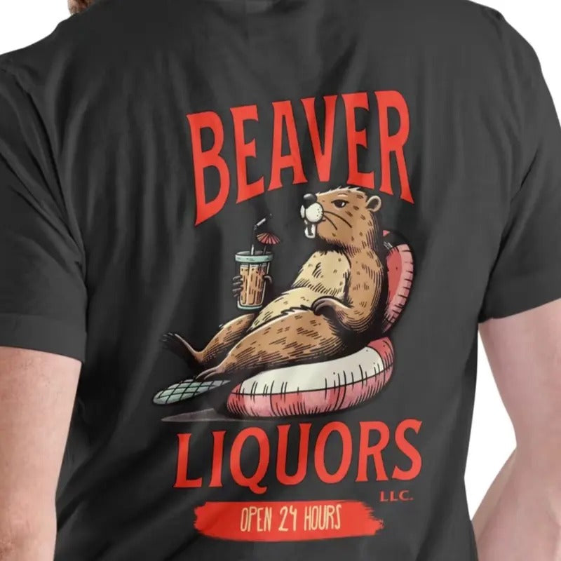 Beaver Liquors T-Shirt - Unisex Cotton Tee with Graphic Design Featuring Beaver and Liquors, Open 24 Hours