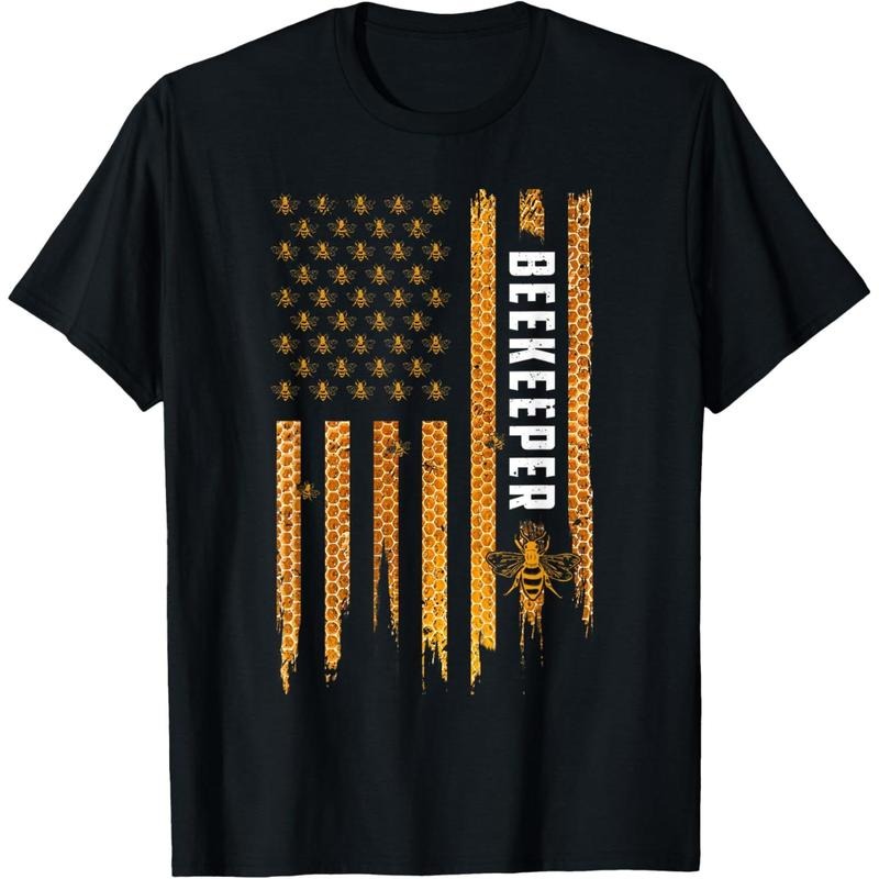 Beekeeping American Flag Honeycomb Honey Bees Beekeeper T-Shirt made in usa