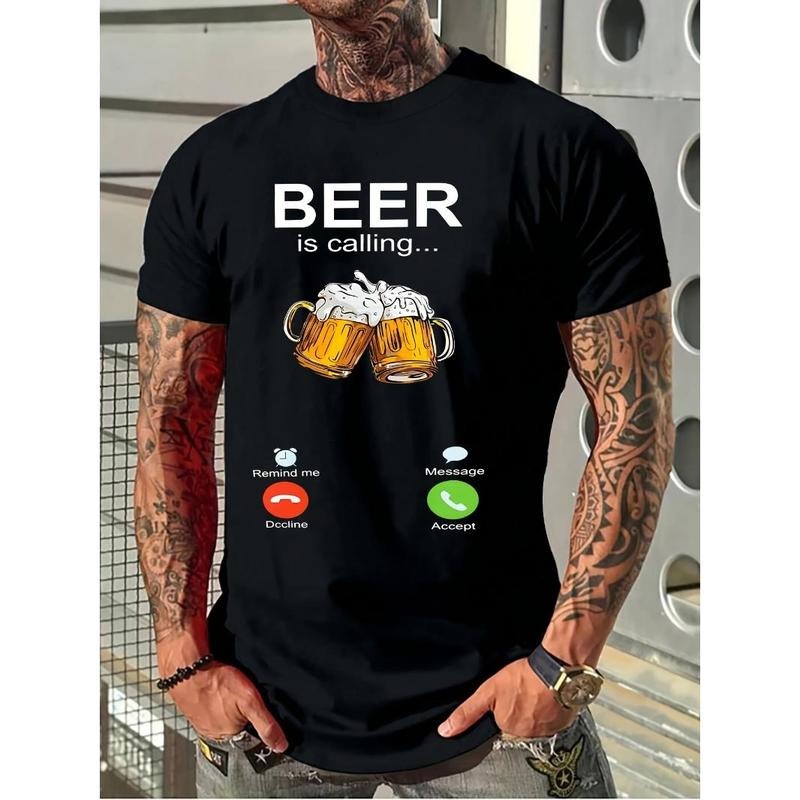 Beer and Slogans Graphic Print T-Shirt Men's Casual Style Summer and Autumn Slightly Elastic Round Neck T-Shirt Made in USA