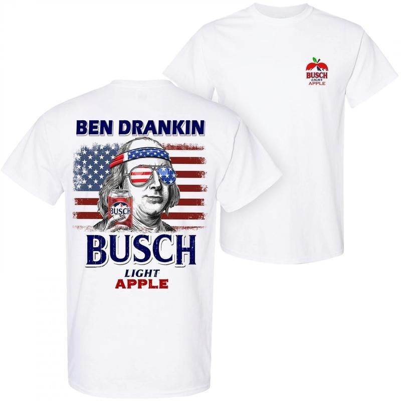 Ben Drankin Busch Light Apple T-Shirt, American Flag Beer Tee, Limited Edition Apple Lager Graphic Shirt, 4th of July Drinking Shirt for Men