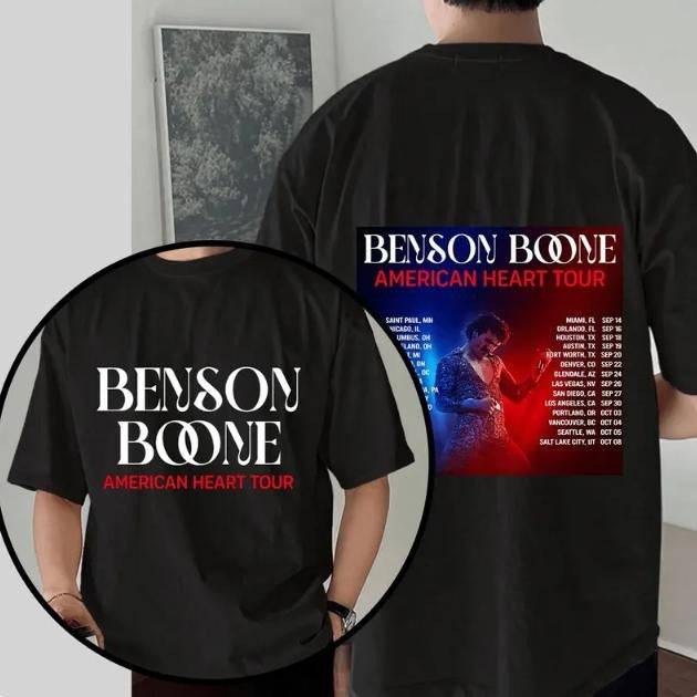 Benson Boone Double-Sided Tour Tee - 2025 American Heart, Unisex - Shop Now! Cotton Fabric