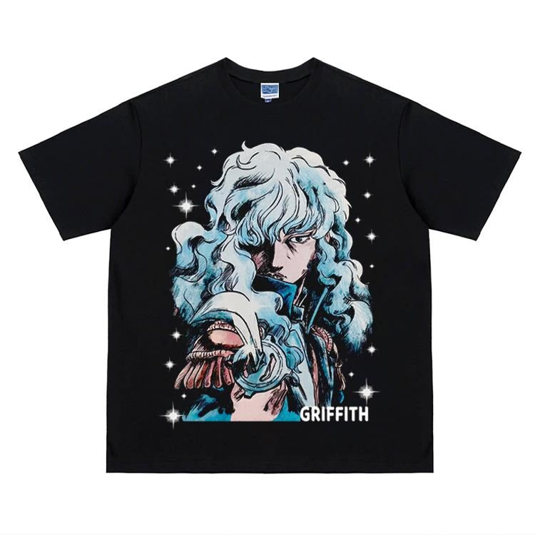 Berserk "Griffith" Heavyweight Vintage Tee 100% Cotton OVERSIZED Anime T-shirt Menswear Top Crew Necks Tshirt Casual Streetwear Black Crewneck