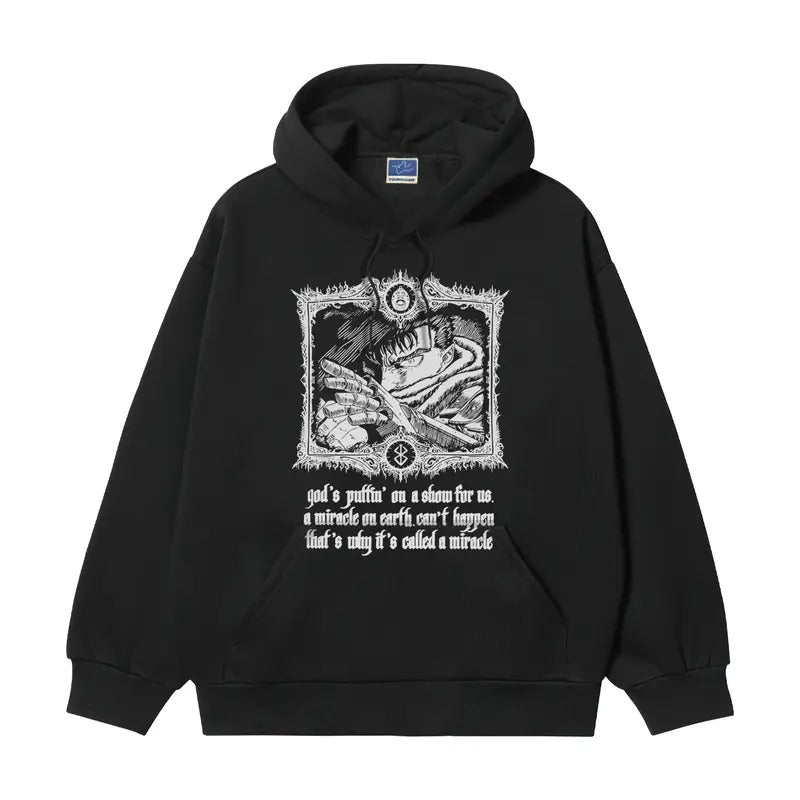 Berserk "Guts" Heavyweight Vintage Hoodie Cotton Blend Classic Anime Sweatshirt Menswear Tops Casual Long Sleeve Black Pullover Biker Baggy