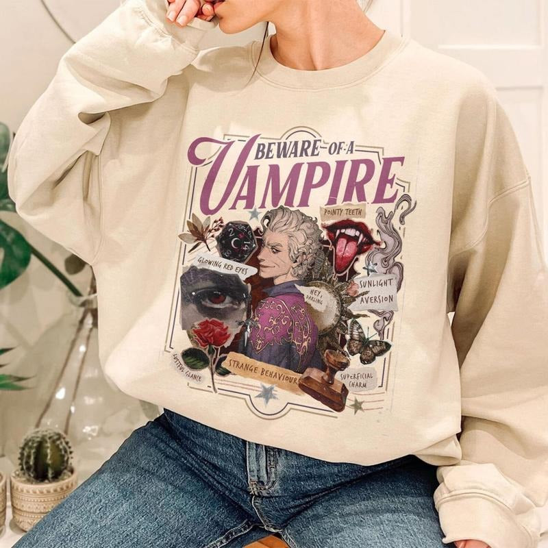 Beware Of A Vampire T Shirt, Funny Astarion Game Fan Swearshirt, Astarion Dark Humor BG3 Apparel, High Elf Game