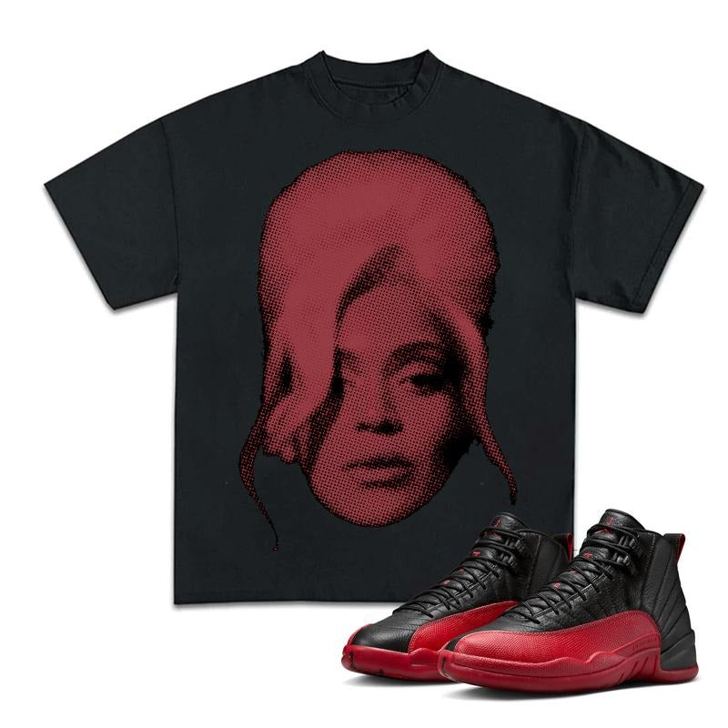Beyyonce Match 12 Flu Game Sneakers, Unisex Streetwear Graphic Tee, Cotton T-shirt, Y2K Fitted Crewneck Style