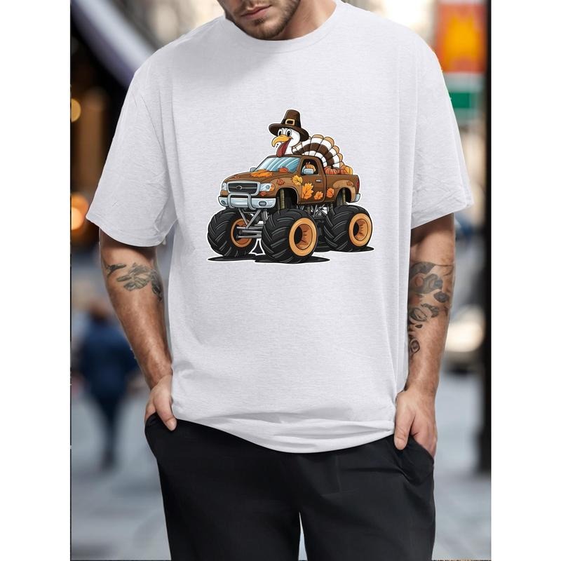 Big & Tall Men's Summer T-Shirt - Cartoon Turkey Driving Monster Truck Graphic, Casual Short Sleeve Tee, Breathable Polyester, Machine Washable made in usa