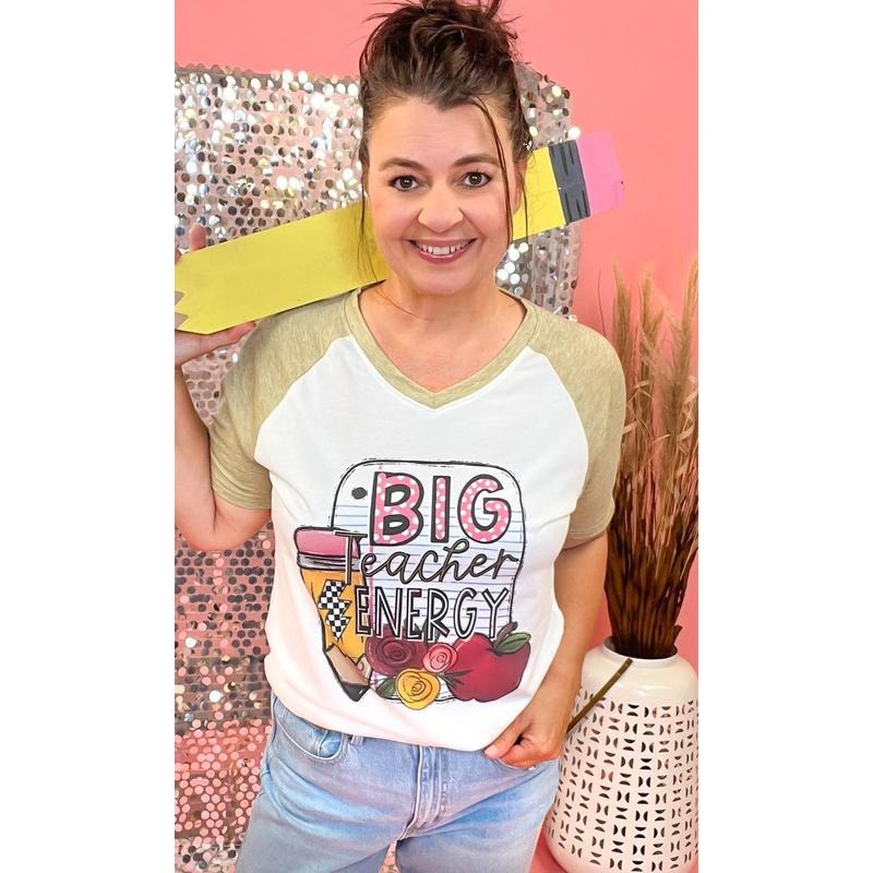 Big Teacher Energy Graphic Natural-Olive V-Neck