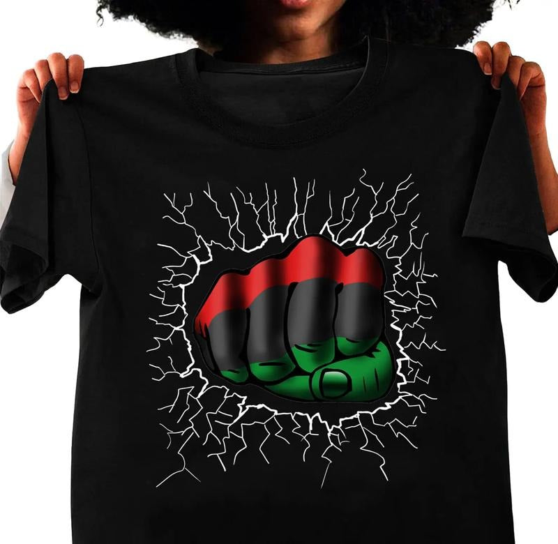 Black African American Fist Shirt, Black Power, African American, BLM, Black People, Black Women, Black Men, Unisex T-shirt for Men and Women, Full Sizes, Full Colors, Menswear, Womenswear