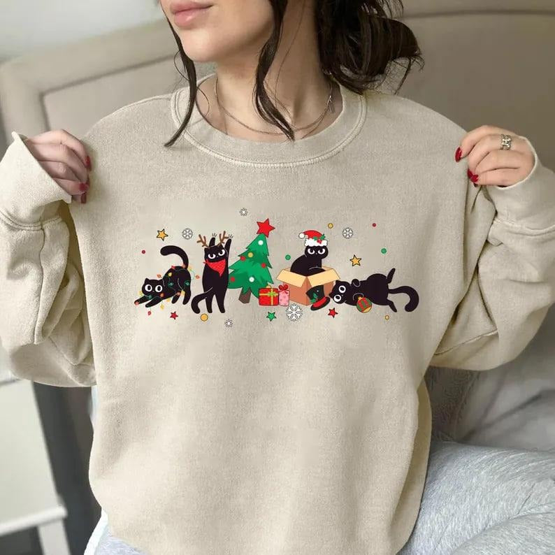 Black Cat Christmas Sweatshirt, Black Cat Xmas Shirt, Cat Christmas Sweater, Funny Cat Shirt Gift For Cat Lover