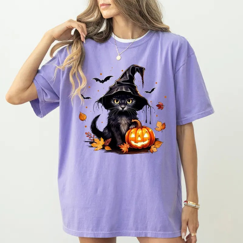 Black Cat Comfort Colors Shirt, Jack O Lantern Pumpkin Graphic Tee, Spooky Season Unhinged Shirt, Spooky Vibes Shirt, Cat Lover Halloween Tee, Halloween Shirt, Comfy Graphic Tee, Women's Top, Womenswear, Cotton Fabric Relaxed Fit Style