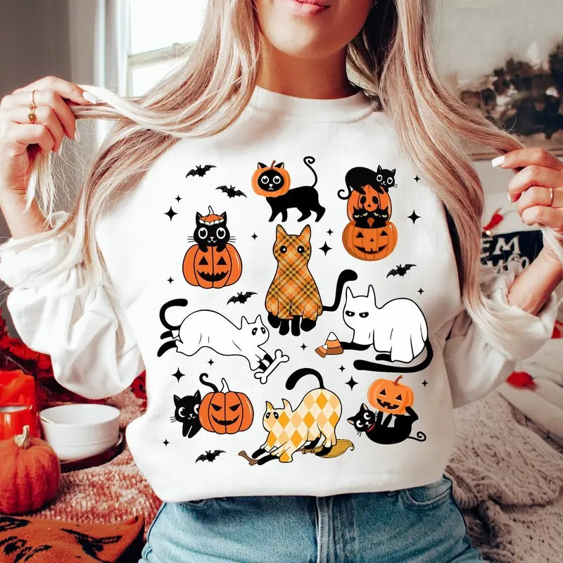 Black Cat Halloween Sweatshirt, Ghost Cat Halloween T-Shirt, Fall Pumpkin Sweater, Spooky Season Shirt, Cute Cat Halloween Tee Shirt, Gift For Cat Lovers