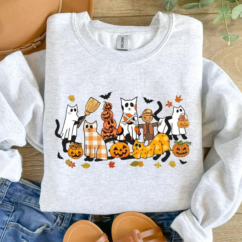 Black Cat Halloween Sweatshirt, Ghost Cat Sweater, Halloween Sweatshirt, Halloween Cat Shirt, Fall Shirt, Retro Halloween Sweater, Spooky Season Shirt, Funny Halloween