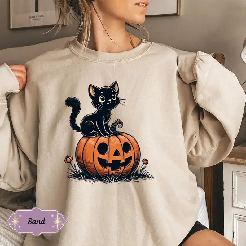 Black Cat Pumpkin Sweatshirt, Halloween Season Hoodie, Graphic Black Cat Halloween Hoodie, Vintage Halloween Hoodie, Spooky Season Sweater