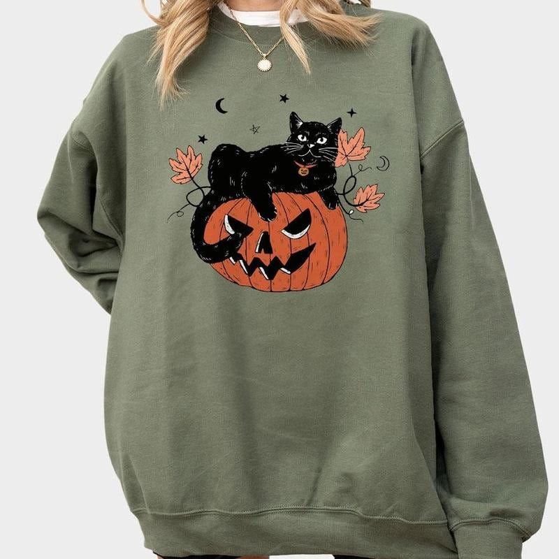 Black Cat on Pumpkin Shirt, Black Cat Comfort Tee, Halloween Black Cat Design, Halloween Gifts for Cat Owner, Black Cat And Pumkin Fall Shirt, Halloween T-Shirt, Fall Halloween Women Top