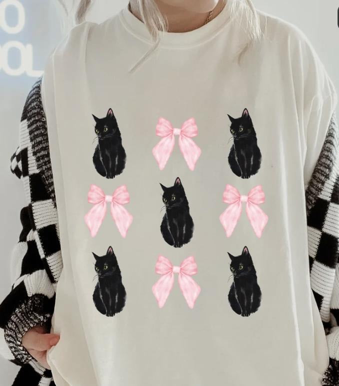 Black Cat with bows Shirt ~ Unisex Apparel Relaxed Fit Printed In The USA Clothing Womenswear Casual Comfort Cotton Top Athletic Boho Chicbrown chihuahua