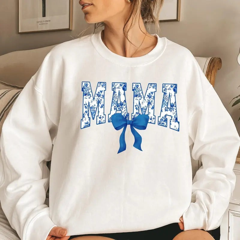 Blue Floral Coquette Bow Mama Sweatshirt, Blue Bow Mothers Day Gift, Flower Lettering Mom Hoodie, Retro New Mom Gift, Flower Mama Shirt