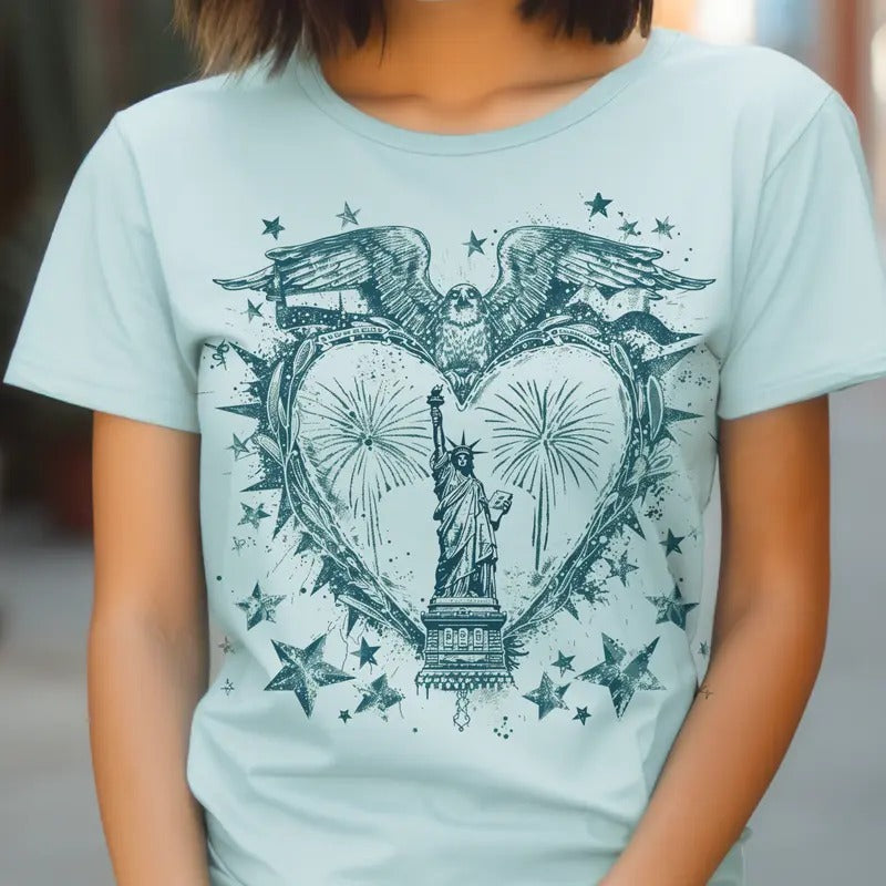 Blue Heart Patriotic Graphic Tee Eagle Statue of Liberty Tshirt 4th of July Independence Graphic T-shirt Casual Women's Retro America Top