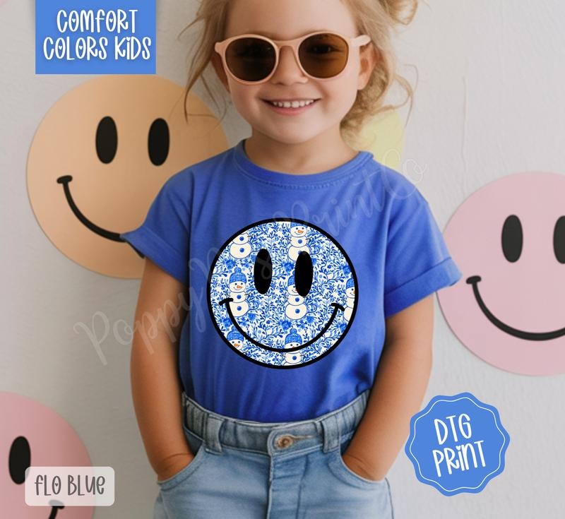 Blue Snowman Smiley Youth Comfort Colors Tshirt, Christmas Tee for Kids