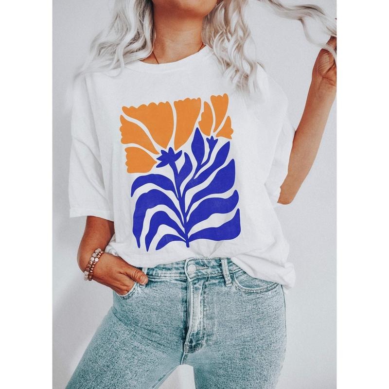Boho Botanical Blue and Orange Wildflower T-Shirtstyle{n002}4