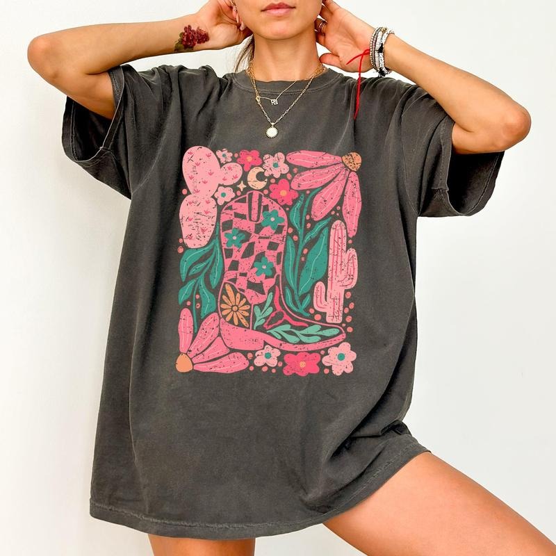 Boho Floral Cowboy Boots, Colorful, Summer, Western, Country, Trendy Shirt, Women's Comfort Color Tee, Tshirt