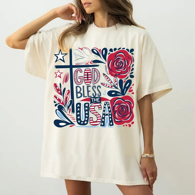 Boho Flowal God Bless The USA Shirt, Retro 4th Of July Tee, Patriotic American Independence Day Gift