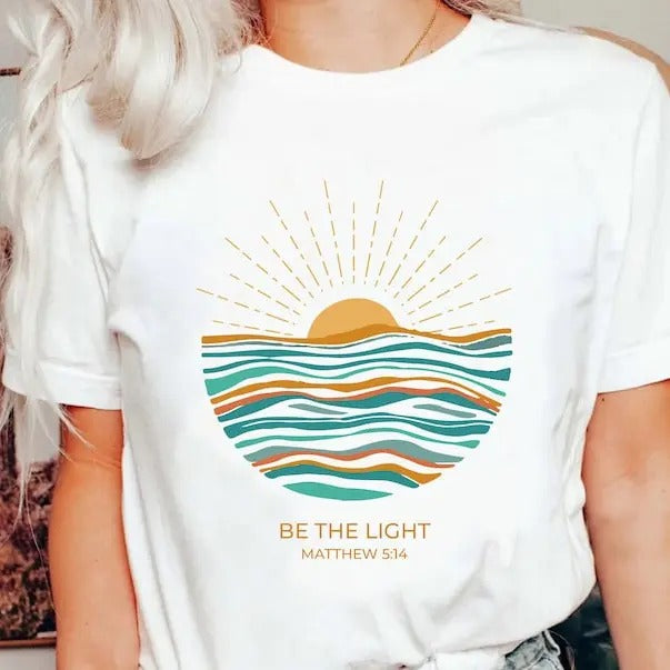 Boho Retro Be The Light Matthew 5:14 Christian TShirt, Boho Bible Verse Sunburst Sea Sun Religious Jesus God Shirt,Inspirational Blessed T-shirt, sweater and Hoodie