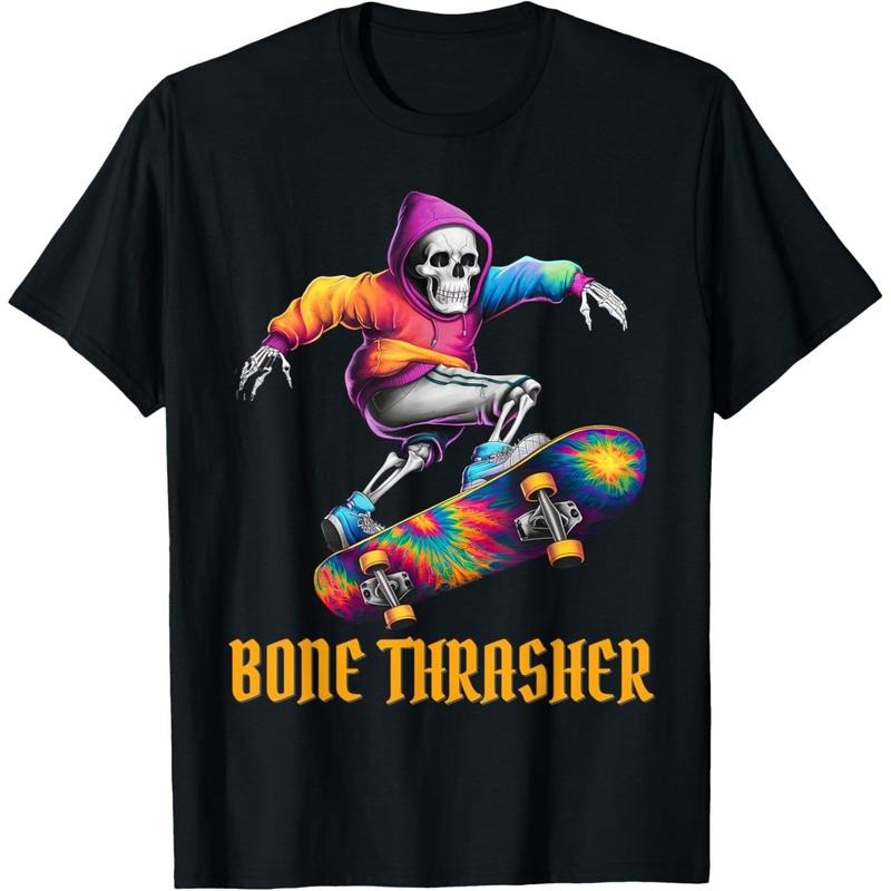 Bone Thrasher, Funny Skeleton Skateboarder Halloween T-Shirt made in usa