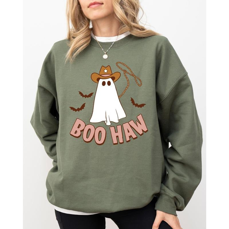 Boo Haw Cowboy Ghost, Funny, Witch, Aesthetic, Meme, Halloween, Spooky, Costume Sweatshirt, Women's Crew Neck, Crewneck