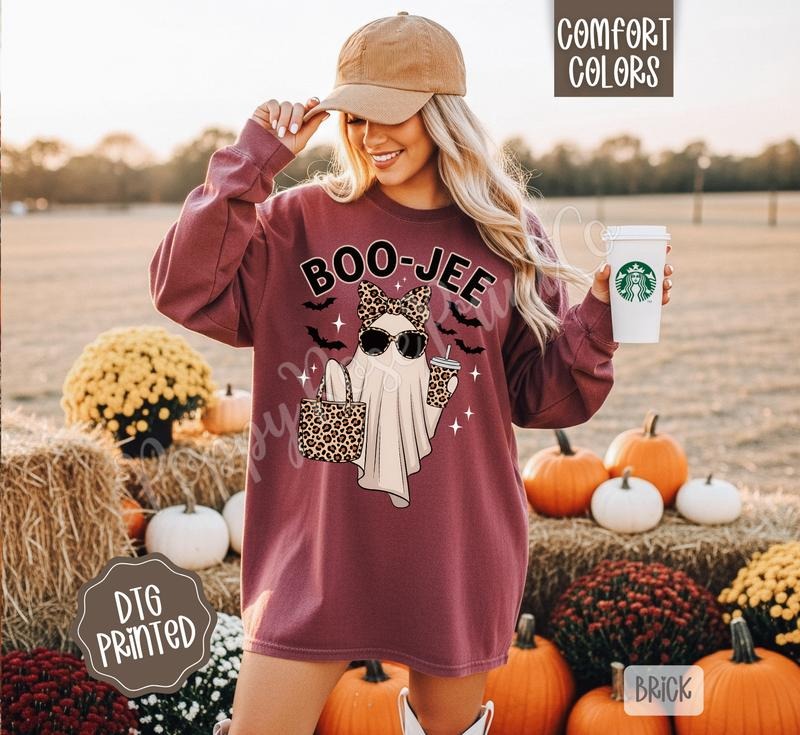Boo-Jee Ghost Comfort Colors Long Sleeve T-Shirt, Cute Women's Halloween Tee