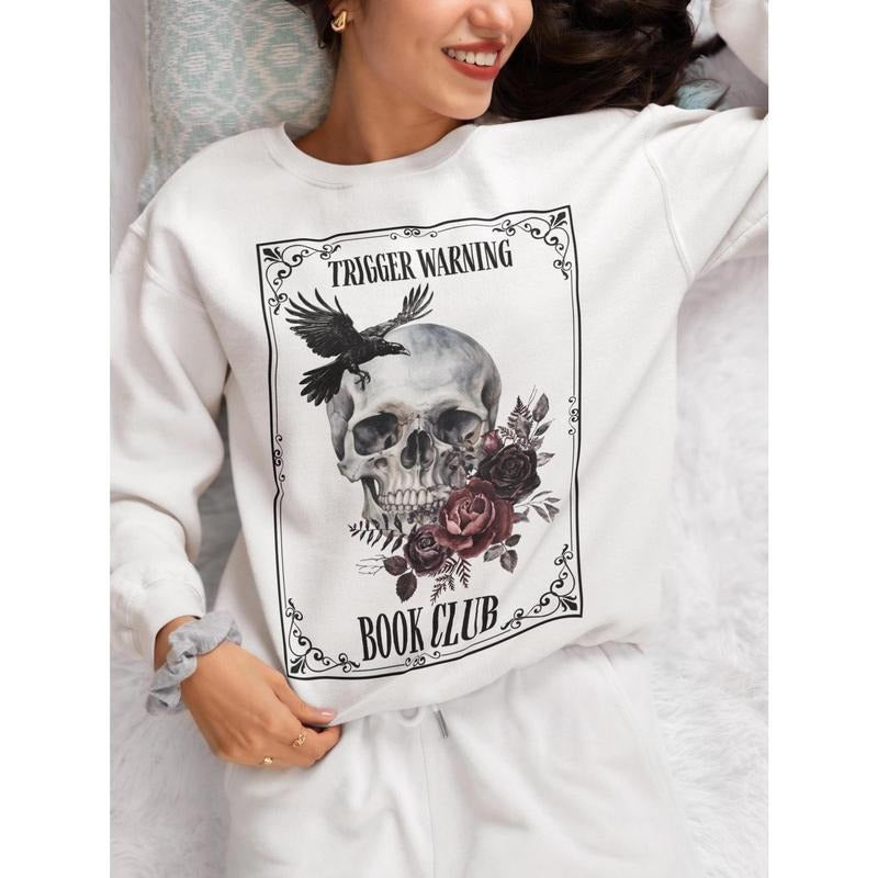 Book Club Sweatshirt, Floral Skull Graphic Sweatshirt, Trigger Warning Sweatshirt, Unisex Crewneck Pullover, Gothic Sweatshirt,