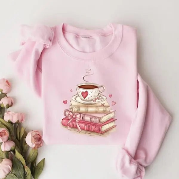 Book Lover Valentine Sweatshirt, Gift for Book Lovers, Coquette Valentine Bookish Tshirt, Bookworm Coffee Tee, Reading Sweater, Reading Shirt