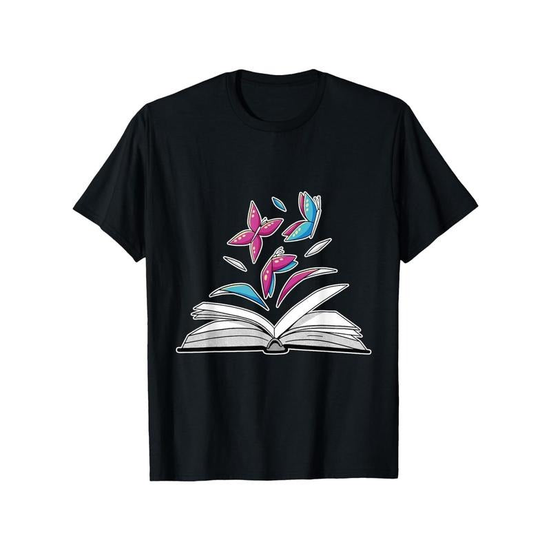 Book and Butterflies Graphic T-Shirt - 100% Cotton, Casual Crew Neck, Short Sleeve, All-Season Comfort, Printed Design, Slight Stretch, Regular Fit, No Padding - Ideal for Weekend Wear, Gift for Men & Women - Black Made in USA