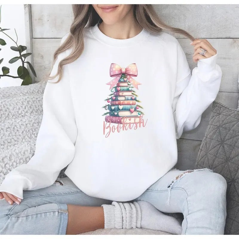 Bookish Bow Christmas Tree Unisex Sweatshirt, Literary Holiday sweater, Cozy Reading Gift, book nerd gift, Book Lover Cotton Crewneck