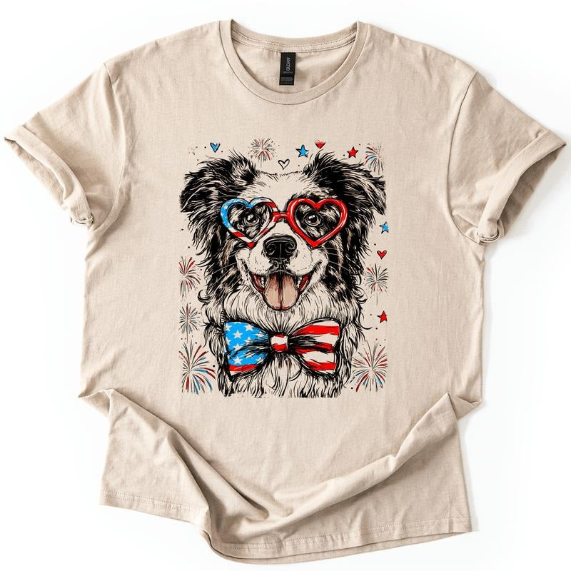 Border Collie Patriotic Dog, USA, America, Pet Lover, 4th of July, Soft Style T-Shirt, Soft Style Tee, Women's Graphic Tshirt