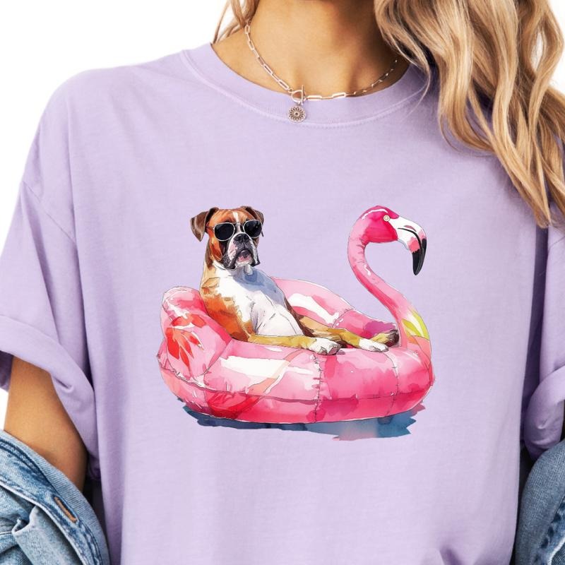 Boxer Flamingo Float Dog Shirt ~ Unisex Apparel Relaxed Fit Printed In The USA Clothing Womenswear Casual Comfort Cotton Top Athletic Boho Chic