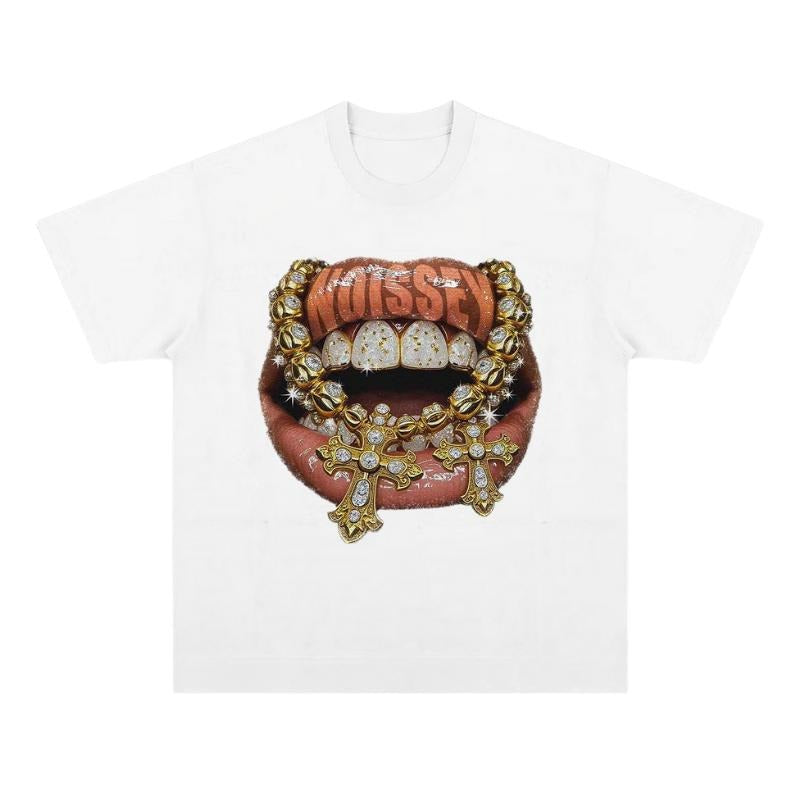 Boxy T-shirt Golden Diamond Jewelry Grills Print T-Shirt, Vintage Graphic Tee, Y2k Clothing, Unisex Cotton Crewneck T-Shirt Menswear Womenswear Underwear Streetwear Top