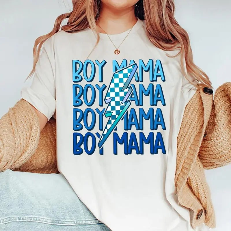 Boy Mama Shirt, In My Boy Mom Era T-shirt, Cool Moms Graphic Printed Tee, Boy Mama Checkered Lightning Soft Fabric Short Sleeve Tee, Comfort Shirt For Mom, Gift For New Mom, Womenswear, Cotton Fabric Relaxed Fit Chic Style
