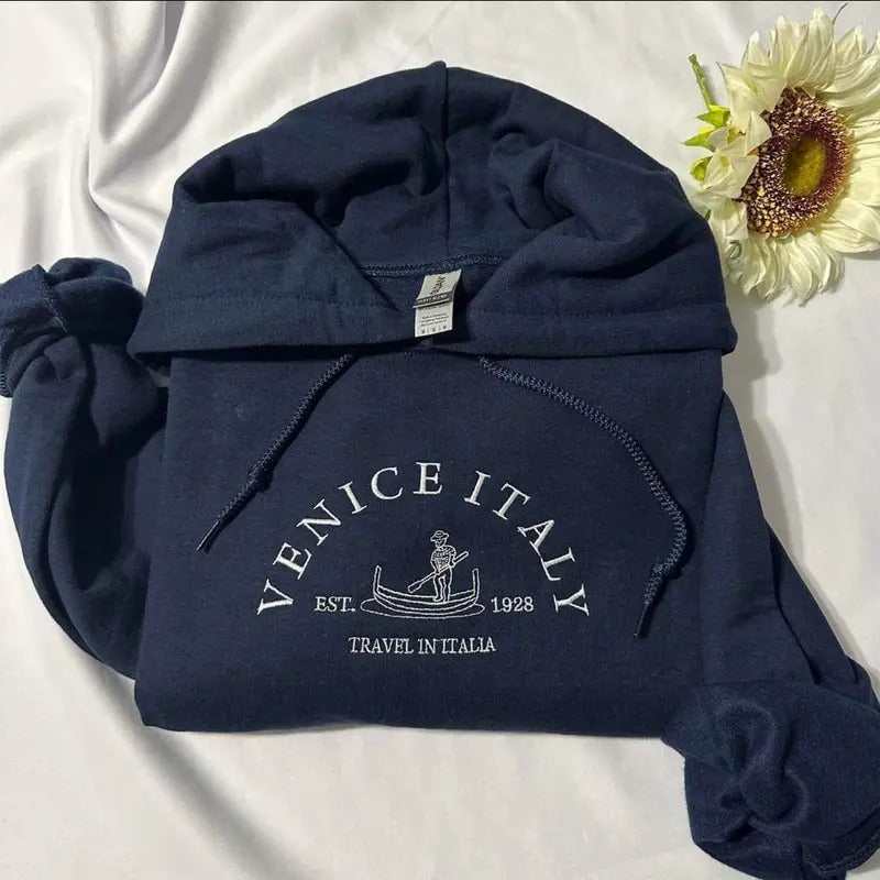 Brandy Venice Italy Embroidered hoodie; Travel in Italia Golden Navy hoodie; Casual Christmas gift Lightweight Clothing