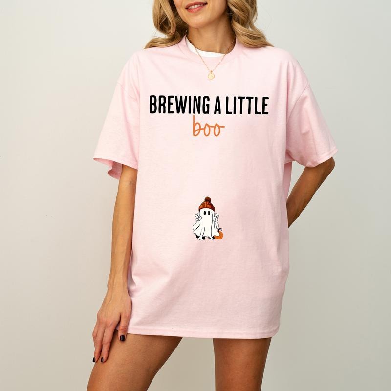 Brewing A Little Boo T-Shirt, Halloween Pregnancy Announcement Shirt, Halloween Maternity T Shirt, Funny Mom To Be Crewneck, Spooky Baby Shower Tshirt, Pregnant Wife Teestyle{n002}2